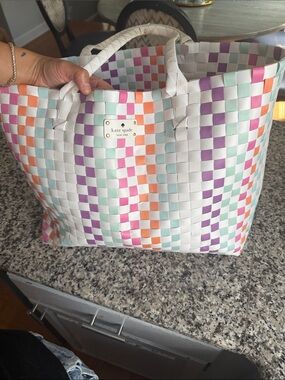 kate spade White Multicolor Woven Check Tote